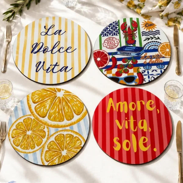 La Dolce Vita Supla 4'lü Supla Set – Sicilya Temalı - 30 cm, 3 mm MDF, UV Baskı, Masa Sunumu