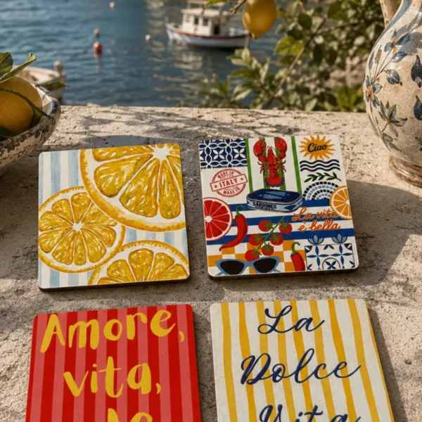 Kare La Dolce Vita Bardak Altlığı 4'lü Set – Sicilya Temalı - 9 cm, 3 mm MDF, UV Baskı, Dekoratif Bardak Altlık