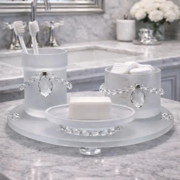 Modern Kristal Detaylı 4’lü Tepsili Banyo Aksesuar Seti