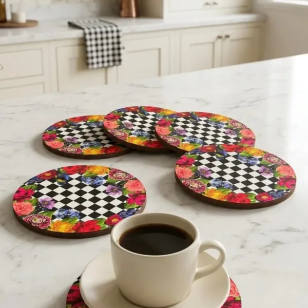 Vintage Floral Damalı Bardak Altlığı 6’lı Set UV Baskı MDF