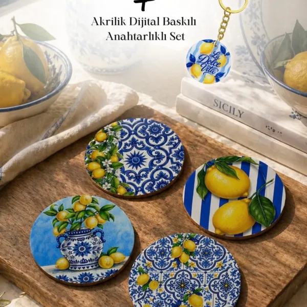 Limon Desenli Bardak Altlığı 4’lü Set Sicilya 9 cm MDF