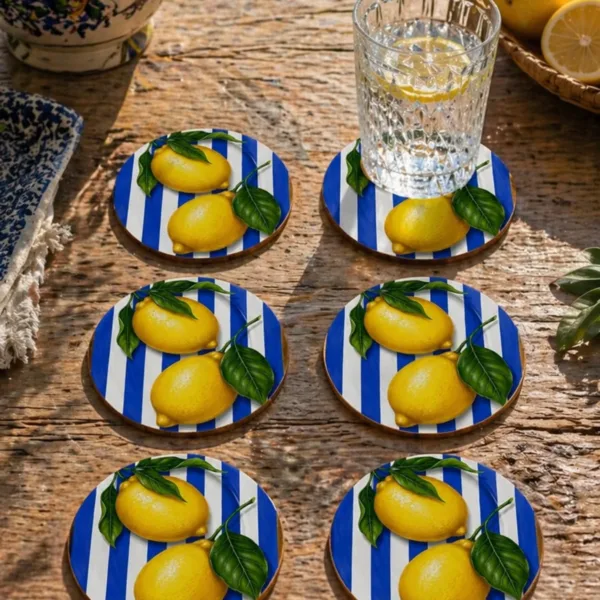 Çizgili Limon Desenli Bardak Altlığı 6lı Set 9 cm MDF