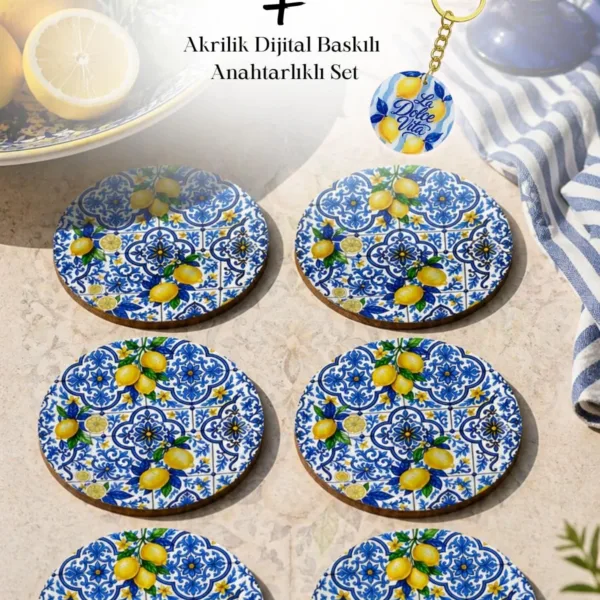 Motifli ve Limon Desenli Bardak Altlığı 6’lı Set 9 cm MDF
