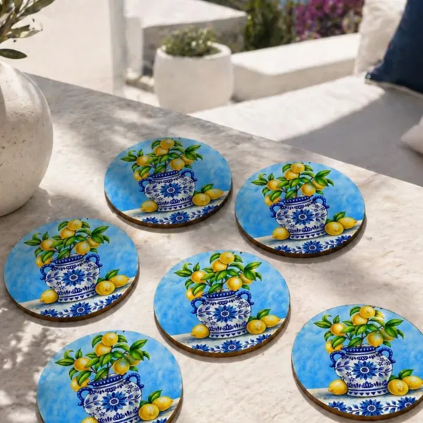 Limonlu Biblo Motifli Bardak Altlığı 6’lı Set Sicilya 9 cm MDF
