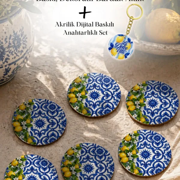 Motifli Limonlu Bardak Altlığı 6’lı Set Sicilya Temalı 9 cm MDF