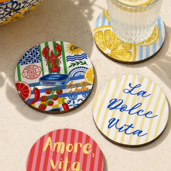 La Dolce Vita Bardak Altlığı 4lü Set Sicilya Temalı 9 cm MDF