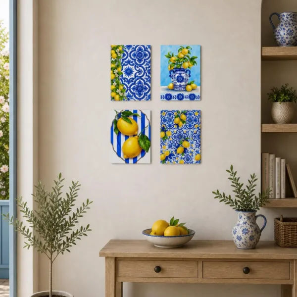 Limon Desenli Tablo Seti 4lü Set Sicilya Temalı 15x20 cm MDF