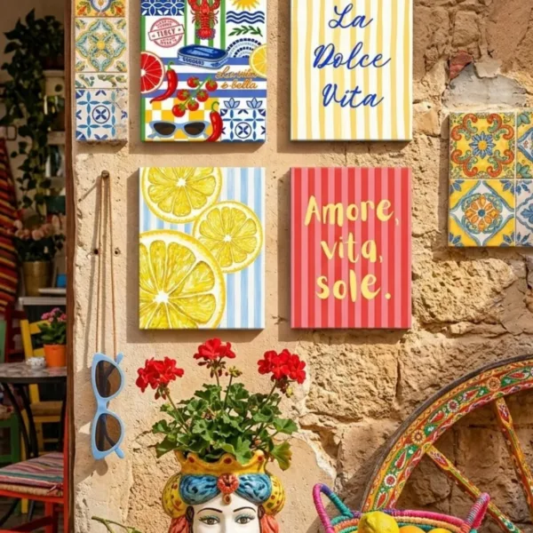 La Dolce Vita Tablo Seti 4lü Set Sicilya Temalı 15x20 cm MDF