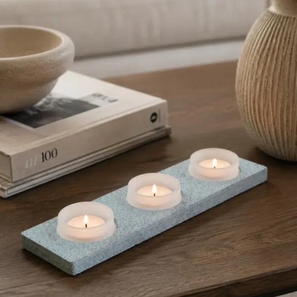 Ahşap Granit Dokulu Boyalı 3’lü Tealight Mumluk Turkuaz