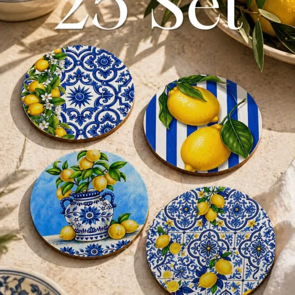 Limon Desenli Bardak Altlığı 25 Set Toplam 100 Adet 9 cm MDF Sicilya