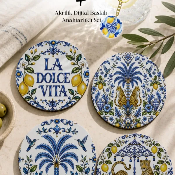 Sicilya Limon Desenli Bardak Altlığı 4lü Set La Dolce Vita 9 cm MDF UV Baskı