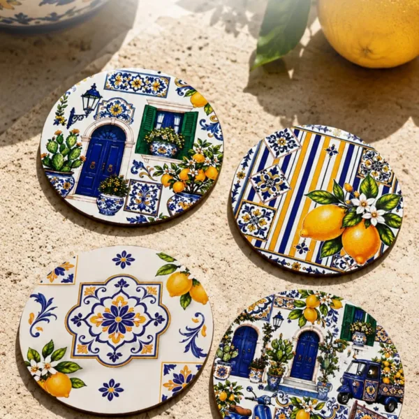 İtalya Konseptli 4’lü Set La Dolce Vita Kapı Motifli 9 cm MDF UV Baskı