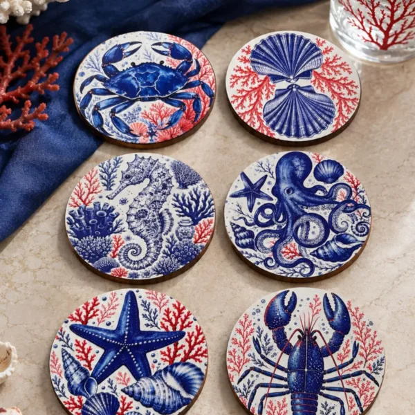 Marin Deniz Temalı Bardak Altlığı 6’lı Set Yengeç Ahtapot Denizatı 9 cm MDF
