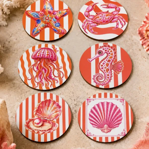 Deniz Temalı Bardak Altlığı 6’lı Set Denizanası Yengeç Denizatı 9 cm MDF