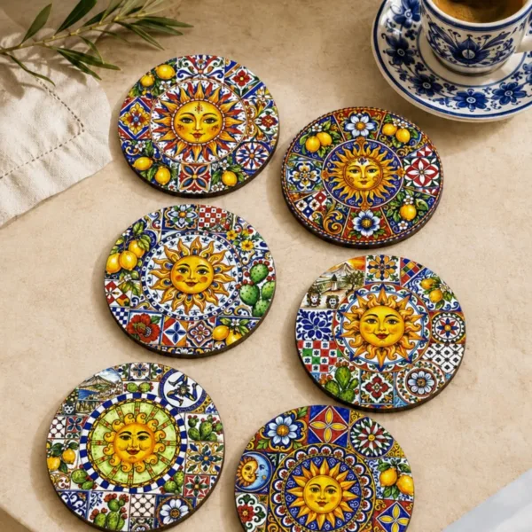 Sunshine Sicilya Temalı Bardak Altlığı 6’lı Set Güneş Figürlü Limon Desenli