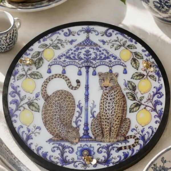 Leopar Desenli Dekoratif Sunum Tepsisi Sicilya Temalı Limon Desenli 34 cm