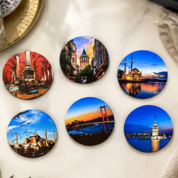 İstanbul Temalı 6’lı Bardak Altlığı Seti 9 cm Yuvarlak MDF Dijital Baskı 3 mm