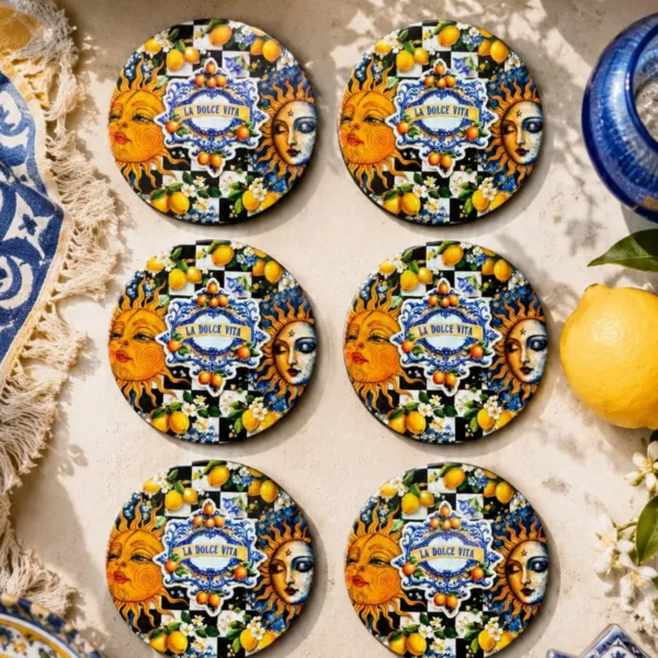 Sicilya Temalı Güneş Ay Figürlü Bardak Altlığı 6’lı Set