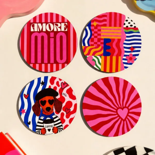 Amore Mio 4’lü Bardak Altlığı Seti 9 cm , 3 mm Mdf Ahşap, UV Dijital Baskı