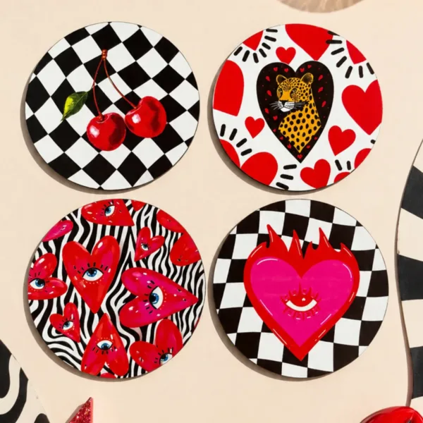 Retro Pop Art 4’lü Bardak Altlığı Seti 9 cm, 3 mm Mdf Ahşap, UV Dijital Baskı