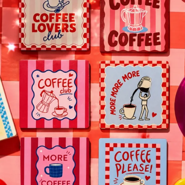 Coffee Time 6’lı Kare Bardak Altlığı Seti, 9 cm MDF, 3 mm, UV Dijital Baskı