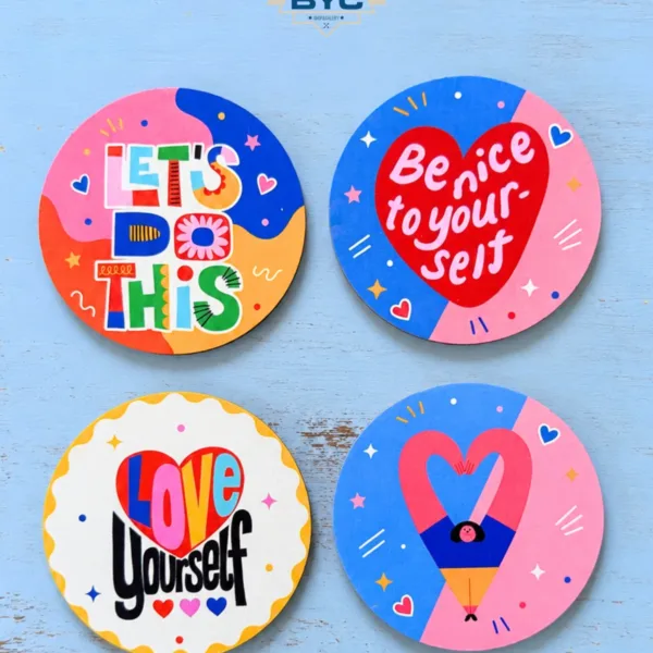 Love Yourself Pop Art 4’lü Bardak Altlığı Seti, 9 cm, 3 mm MDF, UV Baskı