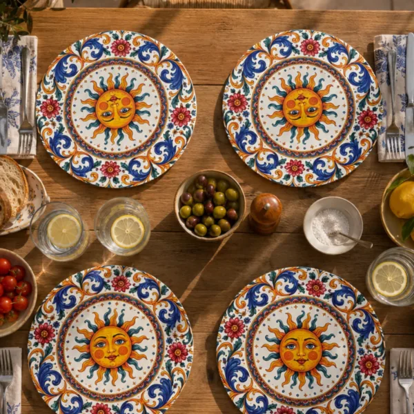 Sole Mio Güneş Desenli 4'lü Supla Set – Akdeniz & Sicilya Temalı – 30 cm, 3 mm MDF, UV Baskı, Masa Sunumu
