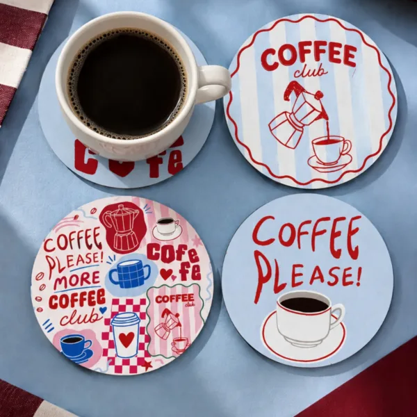 Coffee Please 4’lü Bardak Altlığı Seti - 9 cm, 3 mm MDF, UV Baskı