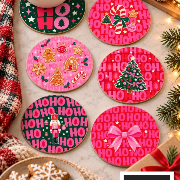 HOHOHO Yılbaşı Temalı 6 Adet Bardak Altlığı. 9 cm, 3 mm MDF, UV Baskı, Dekoratif Bardak Altlık